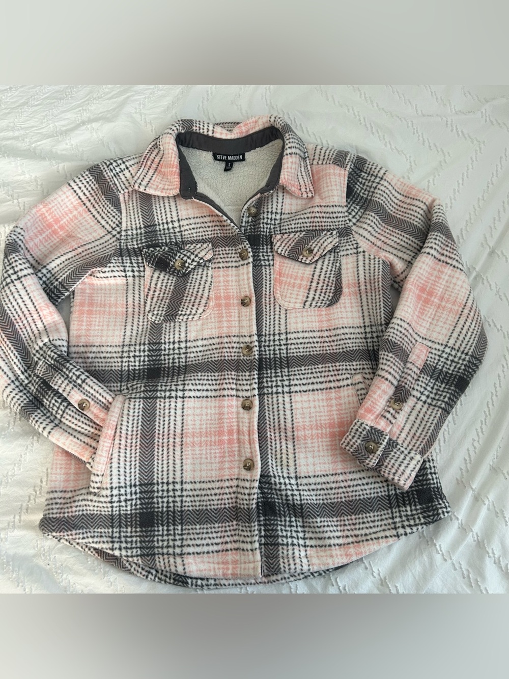 Steve Madden Women’s Sherpa Lined Plaid Fleece Jacket Shacket Pink Gray Small